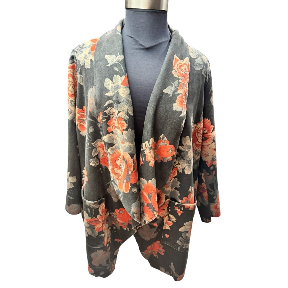 Chelsea & Theodore Woman 3X Floral Print Waterfall Cardigan Jacket‎ Faux Leather